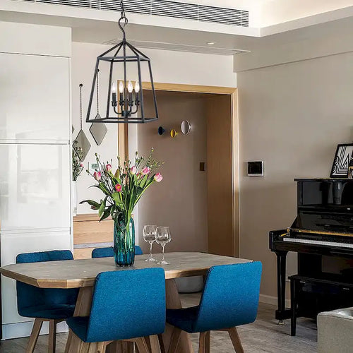 Aged Black Forged Iron Finish 4-Light Cage Pendant