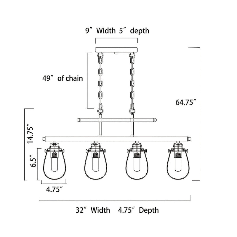 Luminaire pour îlot de cuisine avec abat-jour en verre noir et or antique à 4 lumières