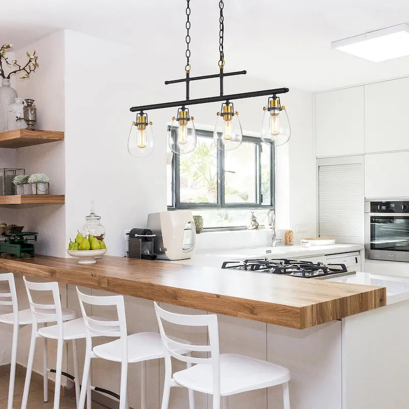 Luminaire pour îlot de cuisine avec abat-jour en verre noir et or antique à 4 lumières