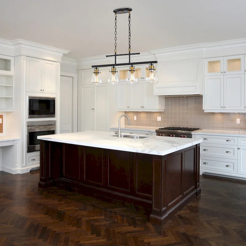 Luminaire pour îlot de cuisine avec abat-jour en verre noir et or antique à 4 lumières