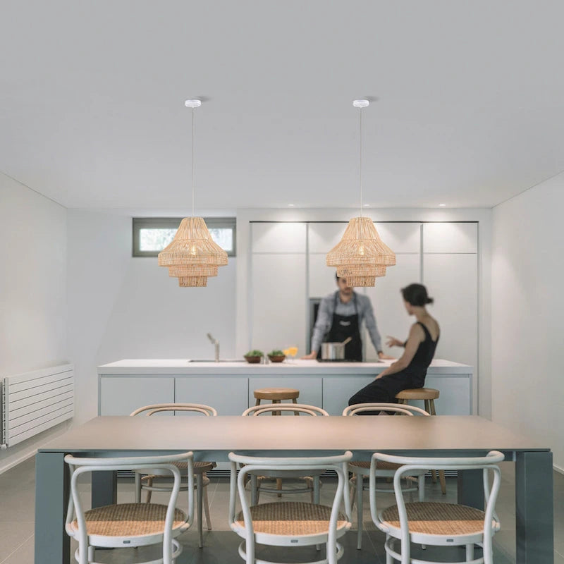 Suspension Anita crème à 1 lumière et 3 niveaux en rotin tressé