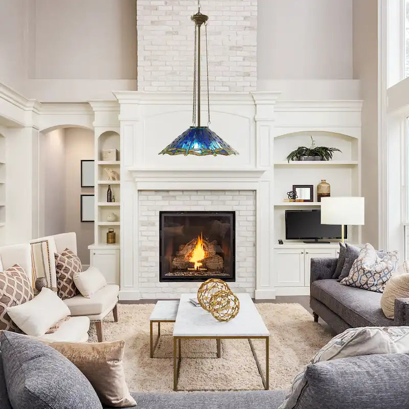 Dragonflies River of Goods Tiffany-Inspired Blue and Green Stained Glass and Metal 24-Inch Hanging Pendant Light