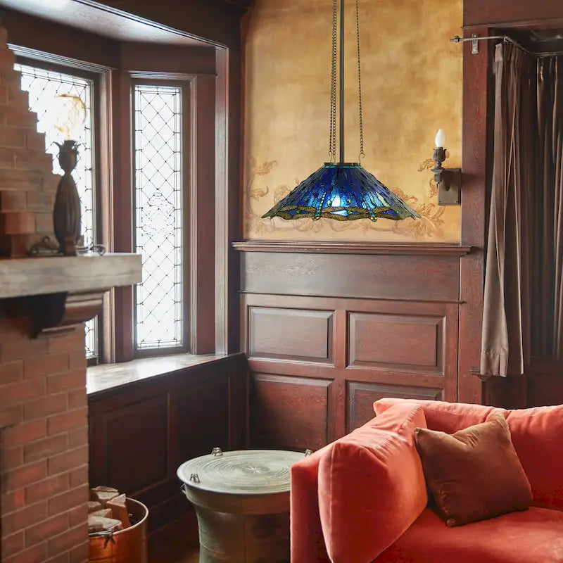 Suspension lumineuse Dragonflies River of Goods, inspirée de Tiffany, en vitrail bleu et vert et métal, 61 cm (24 pouces).