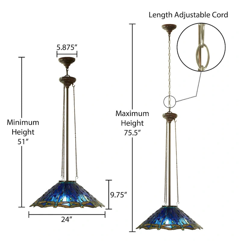 Suspension lumineuse Dragonflies River of Goods, inspirée de Tiffany, en vitrail bleu et vert et métal, 61 cm (24 pouces).