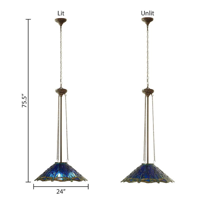 Suspension lumineuse Dragonflies River of Goods, inspirée de Tiffany, en vitrail bleu et vert et métal, 61 cm (24 pouces).
