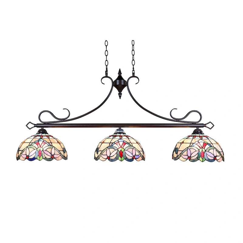 Luminaire linéaire à 3 lumières de style Tiffany, design victorien, pour îlot central