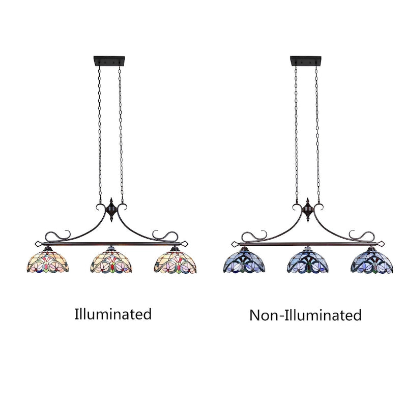 Luminaire linéaire à 3 lumières de style Tiffany, design victorien, pour îlot central