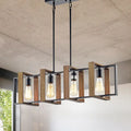 Matte Black and Wood 4-Light Linear Island Lighting with Exposed Bulbs
