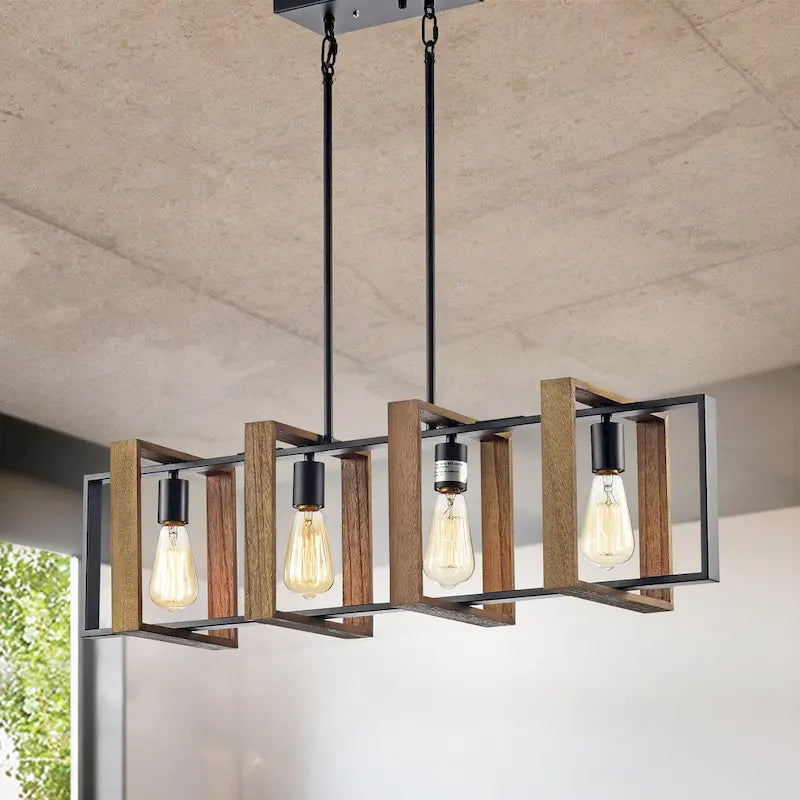 Matte Black and Wood 4-Light Linear Island Lighting with Exposed Bulbs