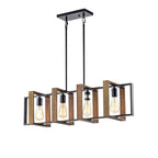 Luminaire linéaire îlot à 4 lumières, noir mat et bois, avec ampoules apparentes