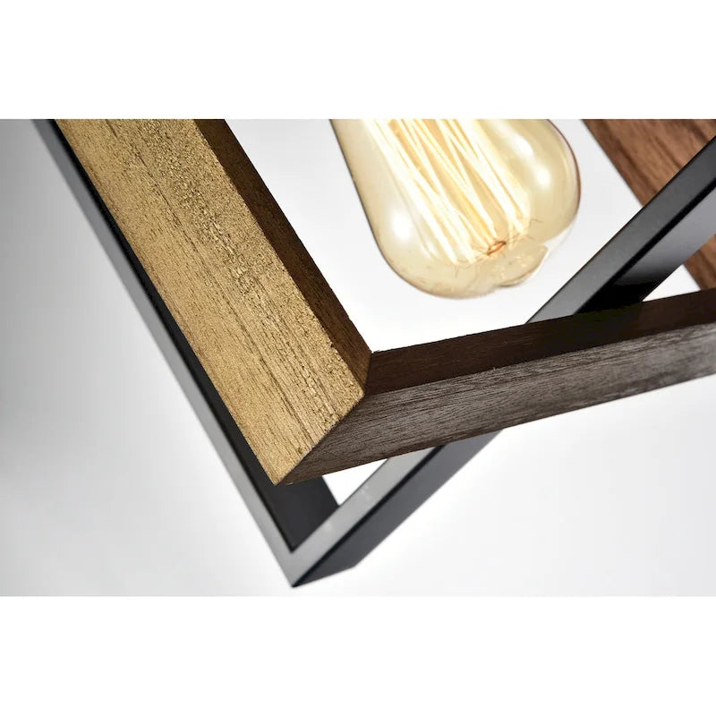 Luminaire linéaire îlot à 4 lumières, noir mat et bois, avec ampoules apparentes