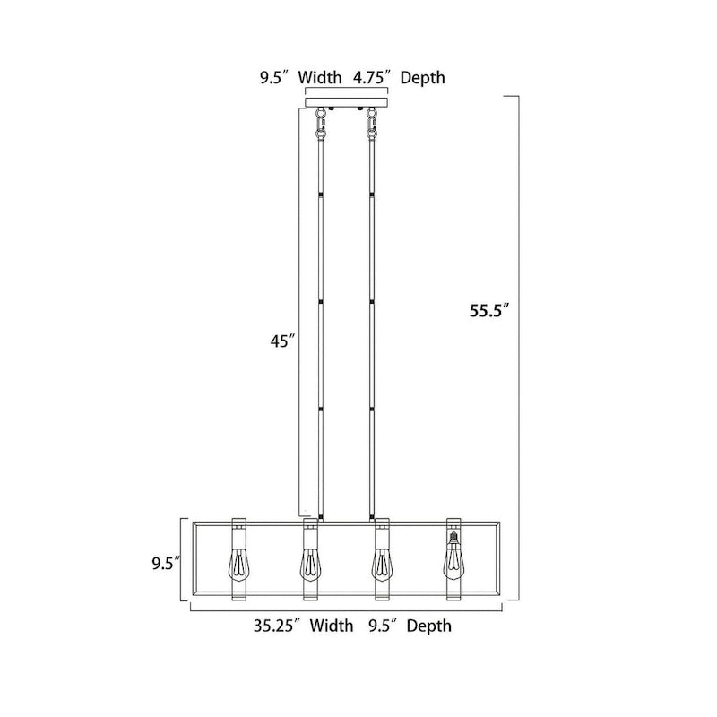 Luminaire linéaire îlot à 4 lumières, noir mat et bois, avec ampoules apparentes