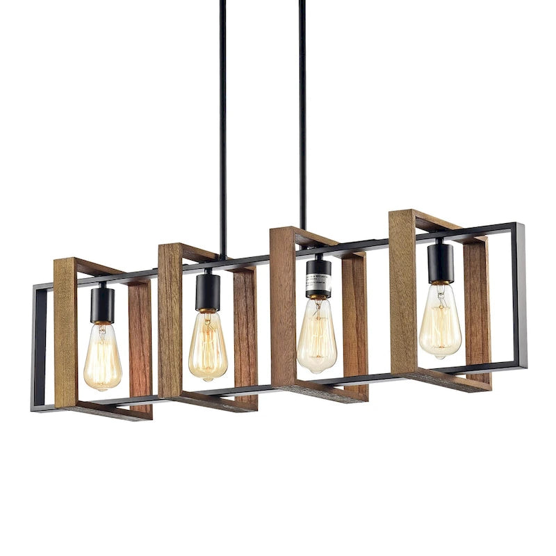 Luminaire linéaire îlot à 4 lumières, noir mat et bois, avec ampoules apparentes