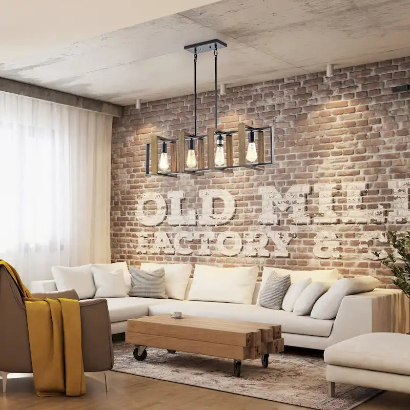 Luminaire linéaire îlot à 4 lumières, noir mat et bois, avec ampoules apparentes