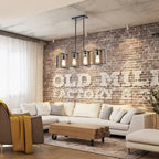 Luminaire linéaire îlot à 4 lumières, noir mat et bois, avec ampoules apparentes