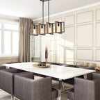 Luminaire linéaire îlot à 4 lumières, noir mat et bois, avec ampoules apparentes