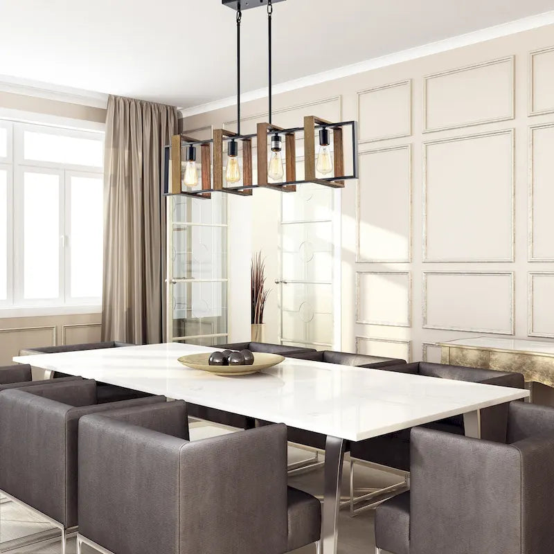 Luminaire linéaire îlot à 4 lumières, noir mat et bois, avec ampoules apparentes