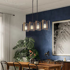 Luminaire linéaire îlot à 4 lumières, noir mat et bois, avec ampoules apparentes