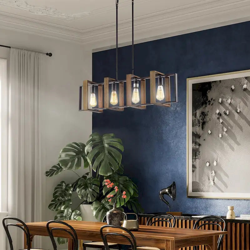 Luminaire linéaire îlot à 4 lumières, noir mat et bois, avec ampoules apparentes