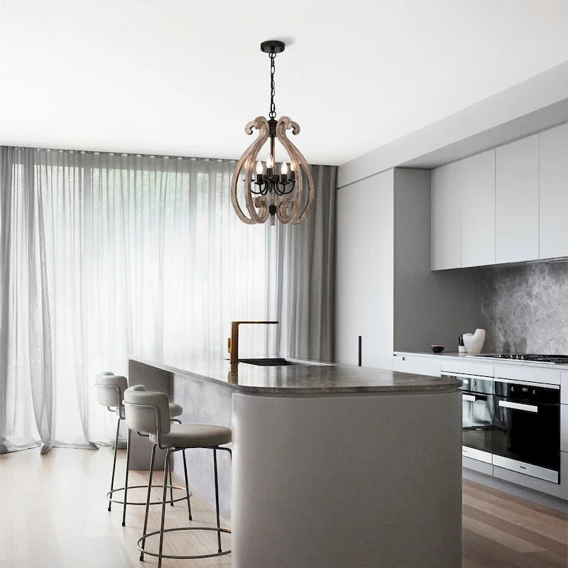 Suspension Lina 17 pouces style ferme, finition bois, 6 lumières