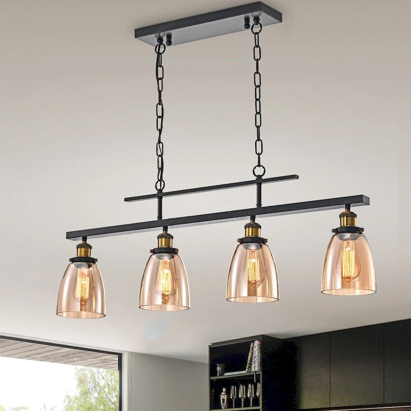 Antique Black 4-Light Linear Kitchen Island Lighting with Amber Glass Shades