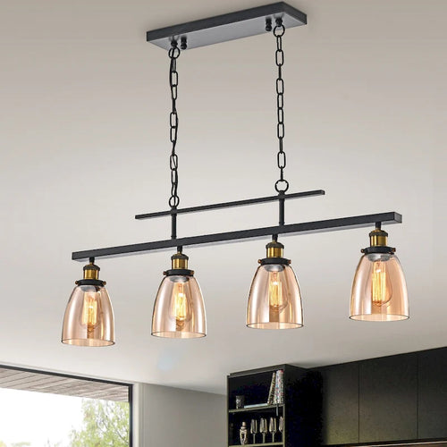 Antique Black 4-Light Linear Kitchen Island Lighting with Amber Glass Shades