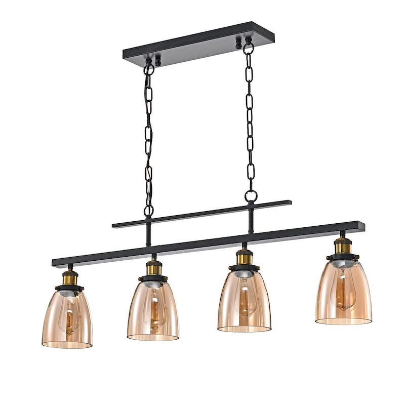 Luminaire linéaire antique noir à 4 lumières pour îlot de cuisine avec abat-jour en verre ambré