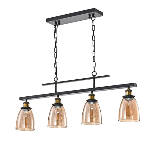 Luminaire linéaire antique noir à 4 lumières pour îlot de cuisine avec abat-jour en verre ambré