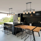 Luminaire linéaire antique noir à 4 lumières pour îlot de cuisine avec abat-jour en verre ambré