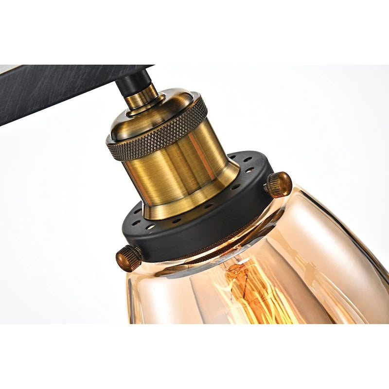 Luminaire linéaire antique noir à 4 lumières pour îlot de cuisine avec abat-jour en verre ambré