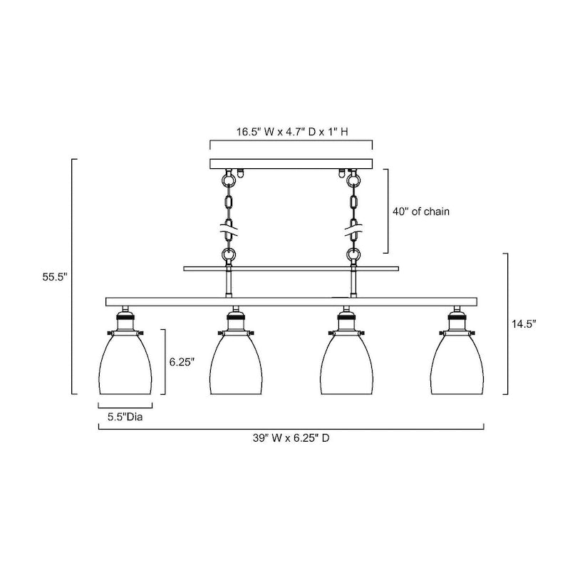 Luminaire linéaire antique noir à 4 lumières pour îlot de cuisine avec abat-jour en verre ambré