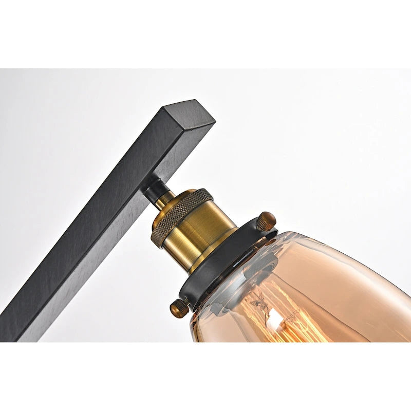 Luminaire linéaire antique noir à 4 lumières pour îlot de cuisine avec abat-jour en verre ambré