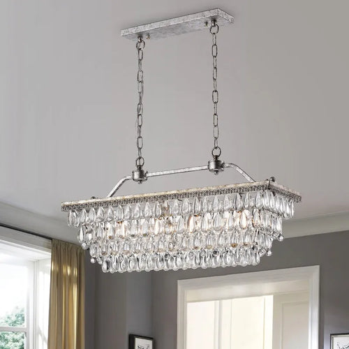 Antique Silver 4-Light Rectangular Kitchen Island Lighting with Crystal Hanging