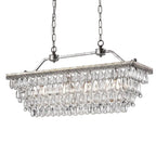 Luminaire suspendu rectangulaire à 4 lumières en argent antique pour îlot de cuisine, avec cristaux.