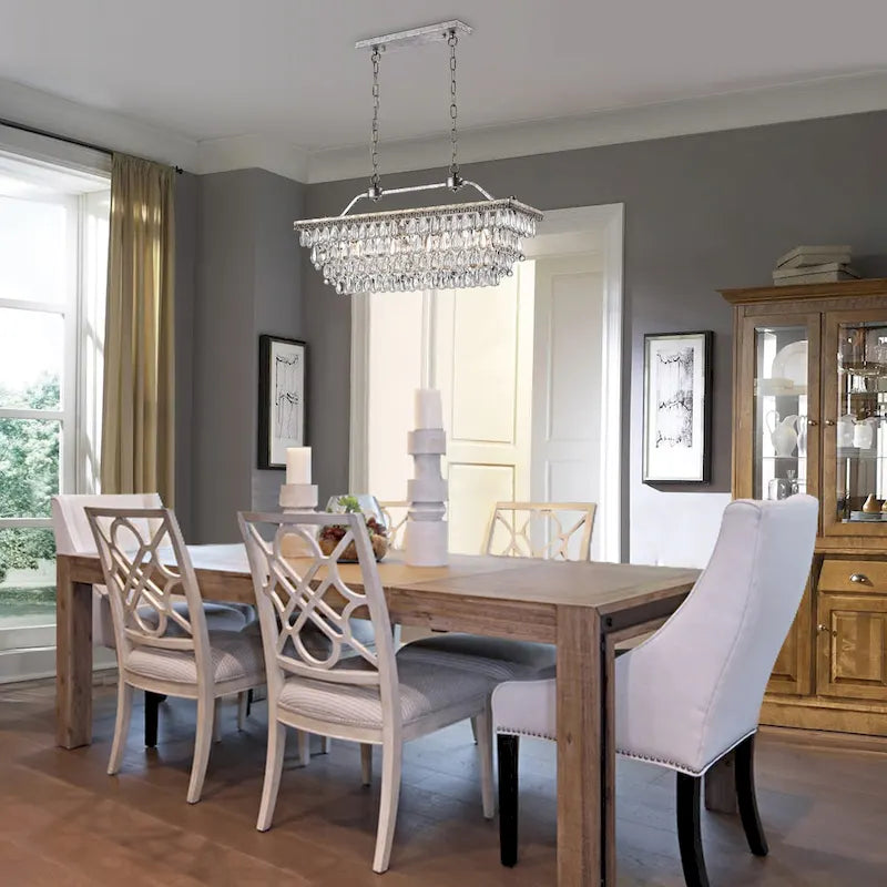 Luminaire suspendu rectangulaire à 4 lumières en argent antique pour îlot de cuisine, avec cristaux.