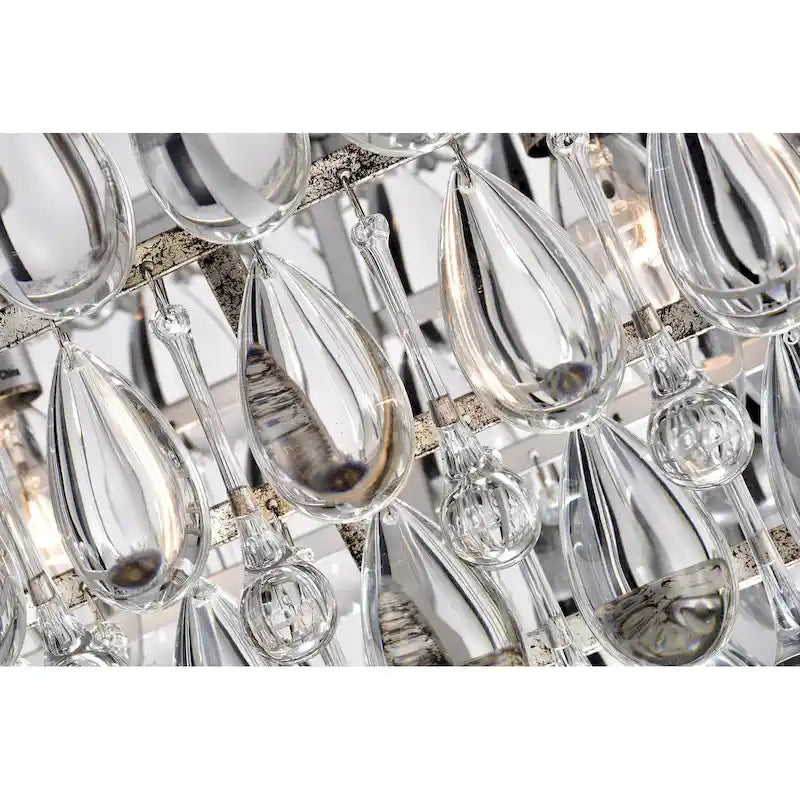 Luminaire suspendu rectangulaire à 4 lumières en argent antique pour îlot de cuisine, avec cristaux.