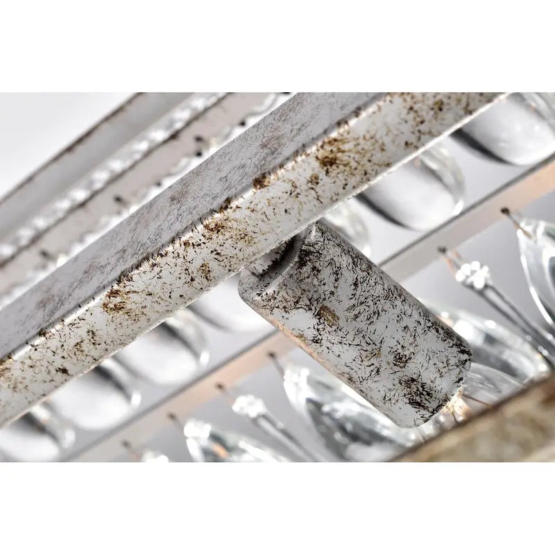 Luminaire suspendu rectangulaire à 4 lumières en argent antique pour îlot de cuisine, avec cristaux.