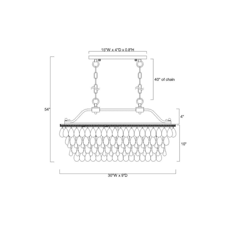 Luminaire suspendu rectangulaire à 4 lumières en argent antique pour îlot de cuisine, avec cristaux.