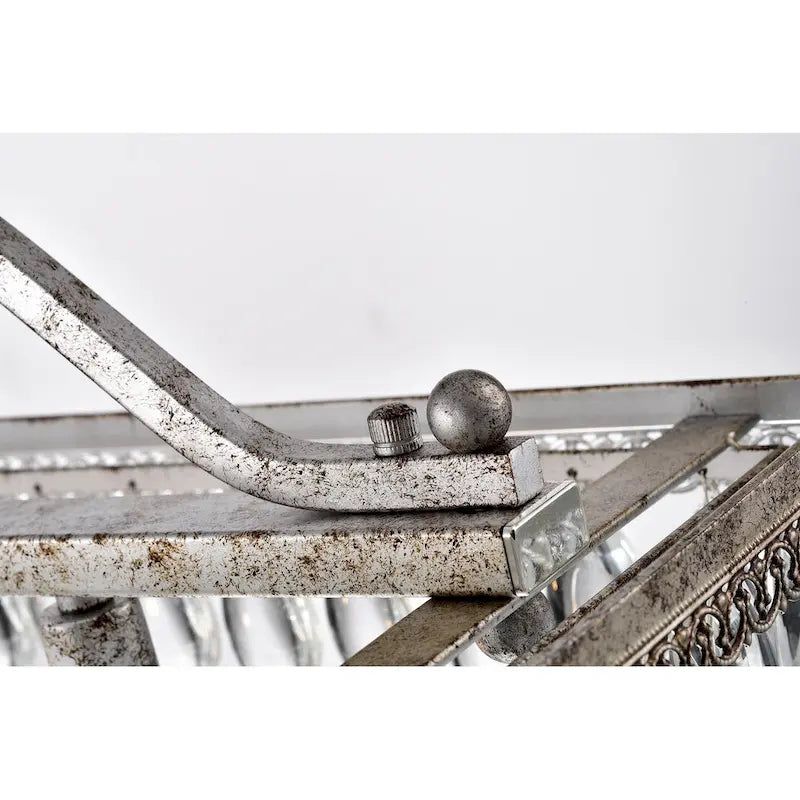 Luminaire suspendu rectangulaire à 4 lumières en argent antique pour îlot de cuisine, avec cristaux.