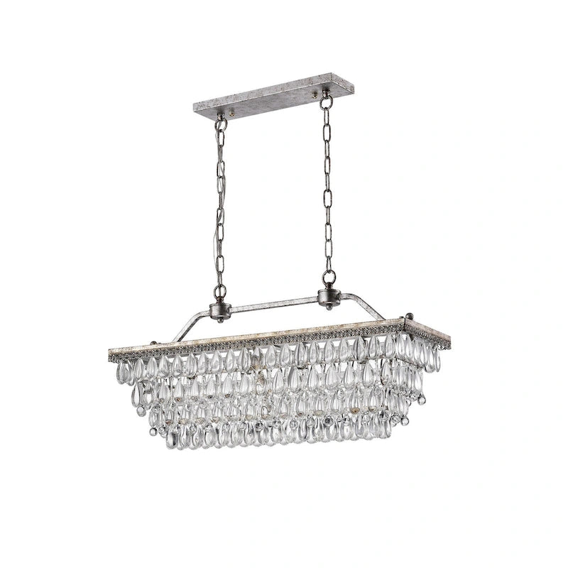 Luminaire suspendu rectangulaire à 4 lumières en argent antique pour îlot de cuisine, avec cristaux.