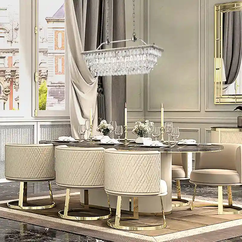 Luminaire suspendu rectangulaire à 4 lumières en argent antique pour îlot de cuisine, avec cristaux.