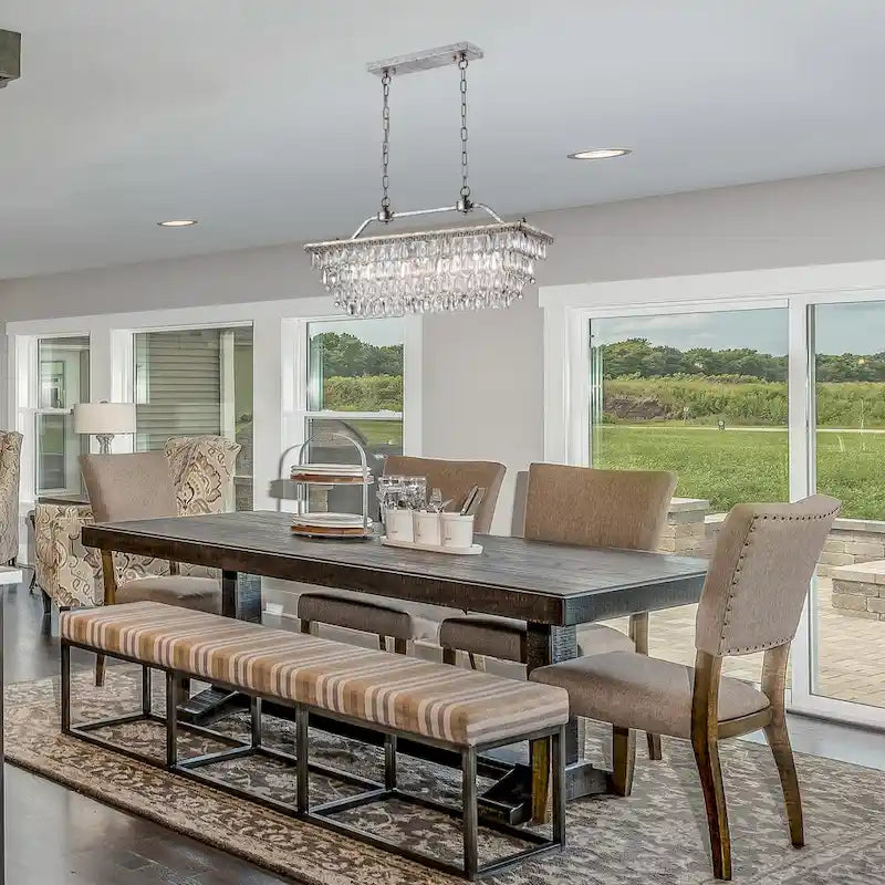 Luminaire suspendu rectangulaire à 4 lumières en argent antique pour îlot de cuisine, avec cristaux.