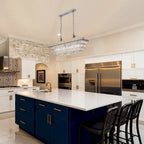 Luminaire suspendu rectangulaire à 4 lumières en argent antique pour îlot de cuisine, avec cristaux.