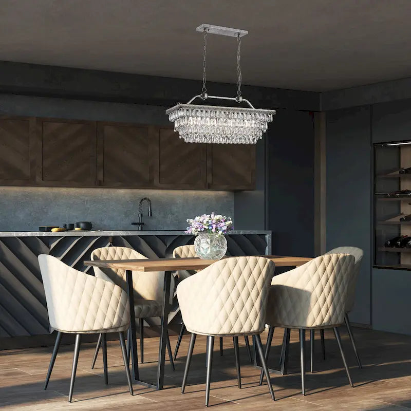 Luminaire suspendu rectangulaire à 4 lumières en argent antique pour îlot de cuisine, avec cristaux.