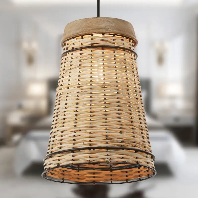 Niles River of Goods Tan Rattan and Wood Adjustable Drop Height 10-Inch Hanging Pendant Light - 10  x 10  x 15.8/80.8 