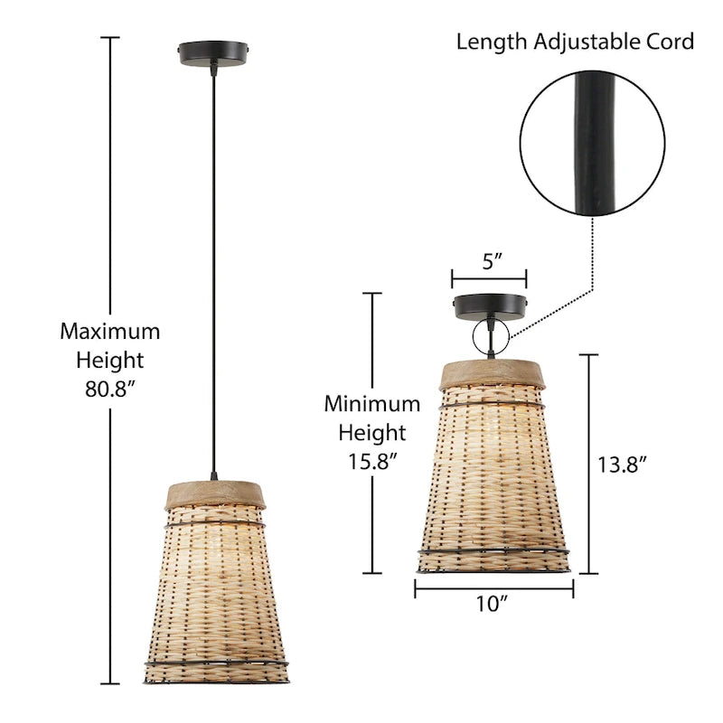 Suspension Niles River of Goods en rotin beige et bois, hauteur réglable, 25,4 cm (10 po) - 25,4 x 25,4 x 40,1 cm (10 x 10 x 15,8/80,8 po)