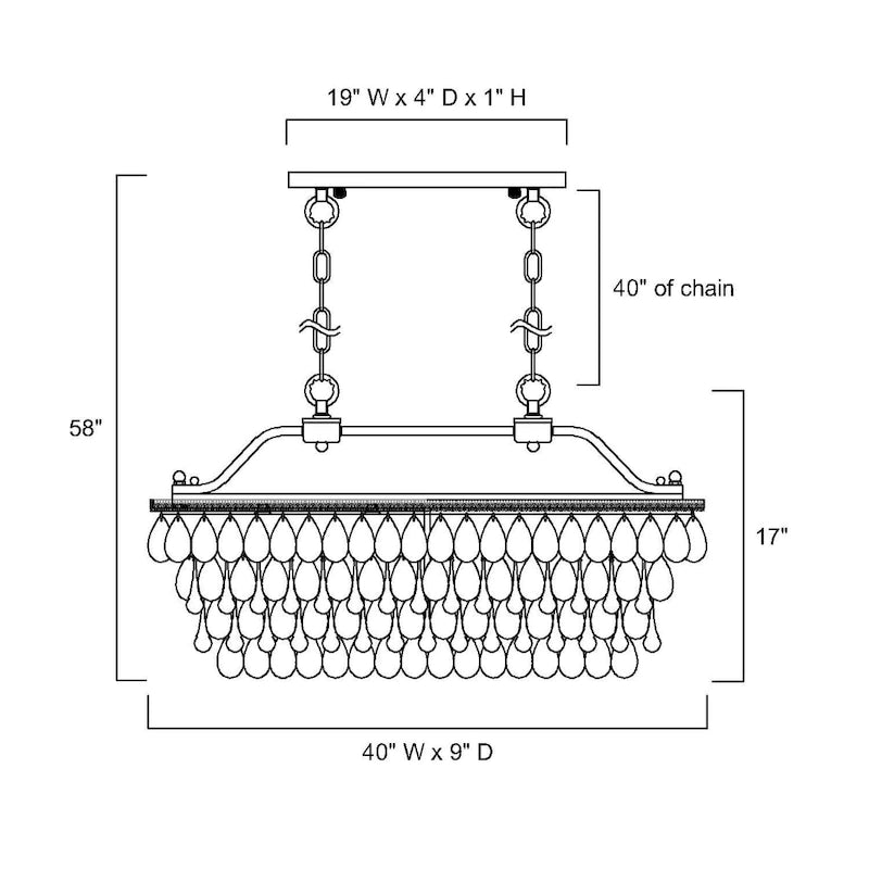 Luminaire suspendu rectangulaire antique noir à 6 lumières pour îlot de cuisine, avec cristaux.