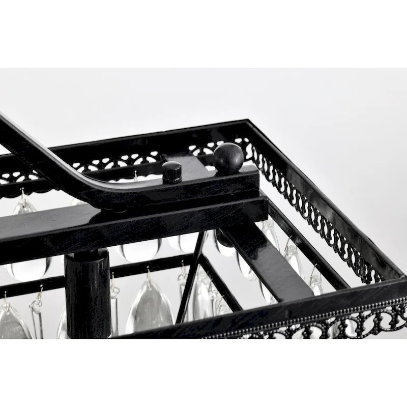 Luminaire suspendu rectangulaire antique noir à 6 lumières pour îlot de cuisine, avec cristaux.