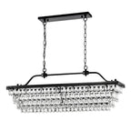 Luminaire suspendu rectangulaire antique noir à 6 lumières pour îlot de cuisine, avec cristaux.