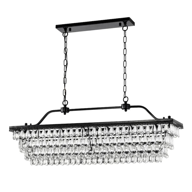 Luminaire suspendu rectangulaire antique noir à 6 lumières pour îlot de cuisine, avec cristaux.